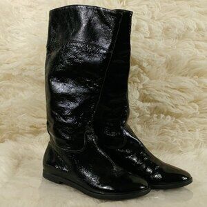 Gianni Bini Women's Black Shiney Leather Pull Ons Western Flat Boots Size 7.5 M
